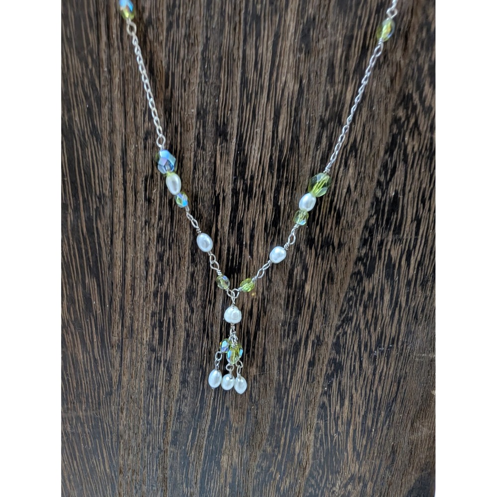 Mexico 925 Sterling Silver Y Necklace White Pearl Green Crystal Tassel 16 In